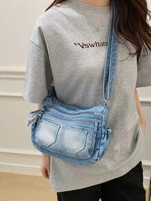 New Casual Chic Soft Jeans Multi-Layer Crossbody Bag With Multiple Pockets, Versatile Commuter Large Capacity Women's Shoulder Bag, Suitable For Work Commuting, Shopping And Traveling. - Màu xanh lam - Xem 5