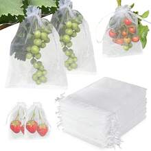 50/100 Kantong Jaring Anti Hama untuk Kebun, Kantong Penutup Buah, Kantong Pelindung Stroberi & Anggur untuk Budidaya Tanaman dan Sayuran, dengan Tali Serut untuk Melindungi dari Burung dan Serangga - A - View 2