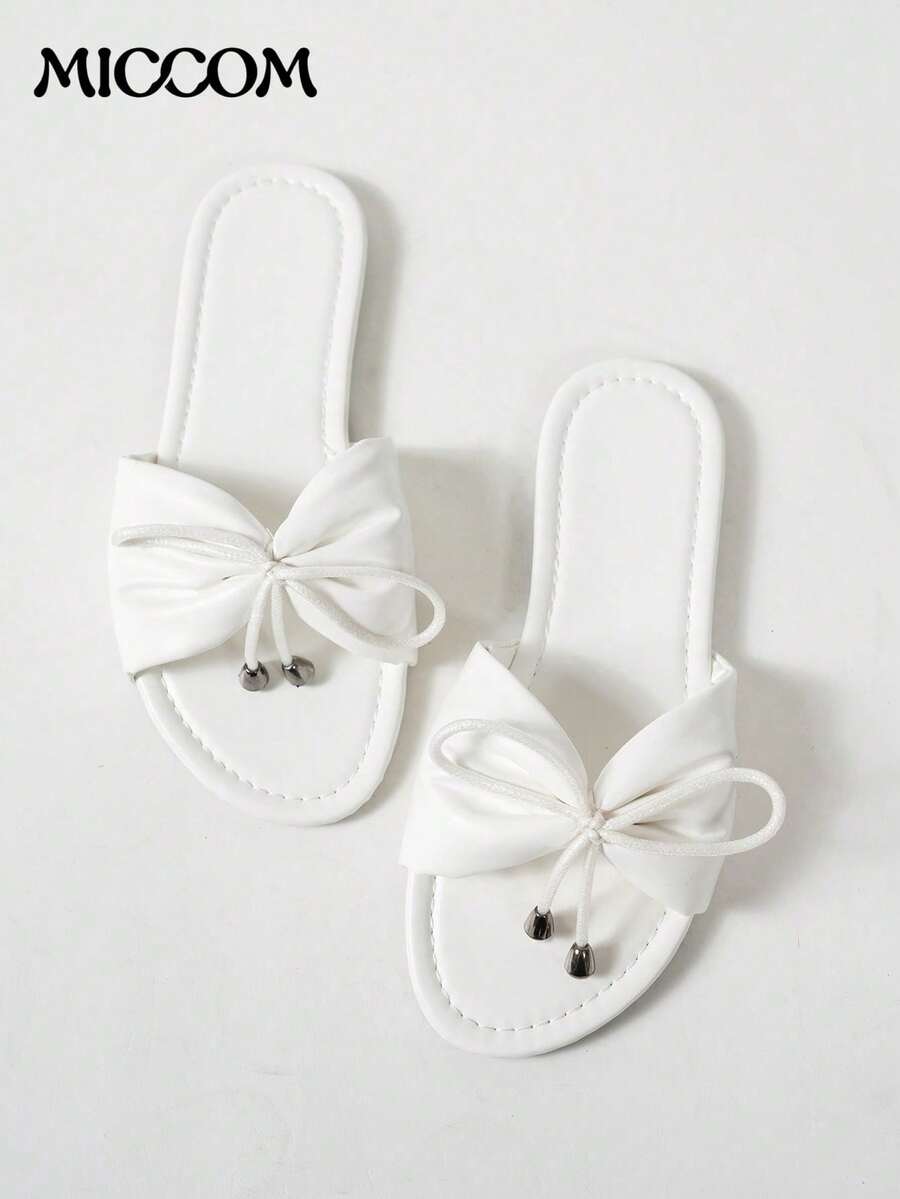 Women's Flat Slide Sandals, Bowknot Design, Soft Sole, Lightweight, Breathable, Beach Slippers For Summer - White - View 1