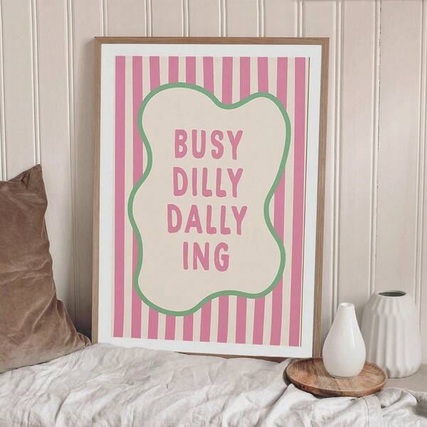 1 pieza Póster sin marco "Busy Busy Busy", con rayas rosas y blancas con contorno verde asimétrico, adecuado para habitación infantil, sala de estar, dormitorio, apartamento, dormitorio y otra decoración moderna del hogar, póster decorativo, arte de pared de moda, decoración de pared, recomendación de regalo