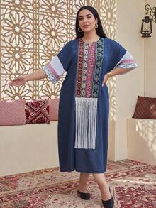 Vestido tradicional elegante de Ramadán 2026 de nuevo estilo, vestido de mujer árabe con bordados coloridos, parches, decoración con flecos y cuello en V - Azul - Ver 7