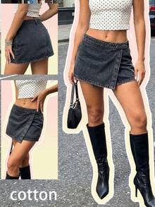 女士Y2k灰色低腰牛仔迷你裙 - 灰色 - 查看 1