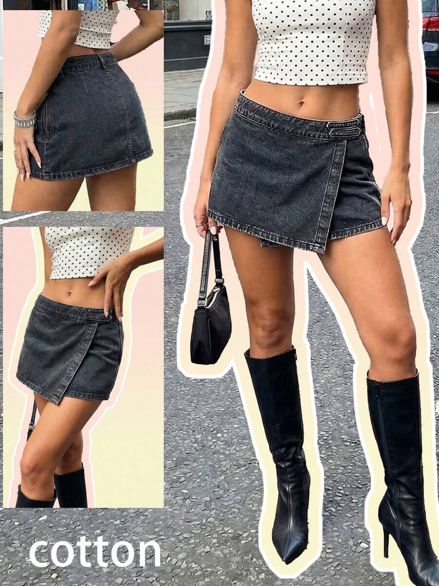 女士Y2k灰色低腰牛仔迷你裙 - 灰色 - 查看 1