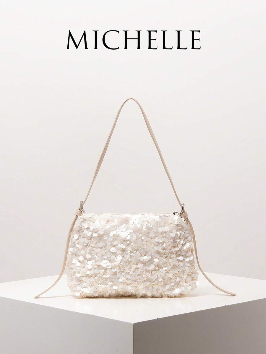 Bolso de hombro con lentejuelas, bolso elegante para mujer, adecuado para gala, atuendos de fiesta, baile de graduación, boda, regalos para mujeres (patrón aleatorio) - Beis - Ver 1