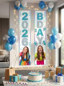 2件組彩虹主題生日派對門牌 定製文字生日門布條 個性化照片生日門口裝飾 可客製化生日歡迎牌 - 彩色 - 查看 2