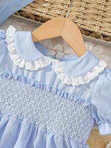 女童公主风彼得潘领荷叶边蝴蝶提花短袖连衣裙，休闲日常穿着，夏季 - 淺色水洗藍 - 查看 3