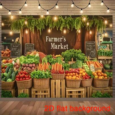 Banner plano 2D - Un banner plano 2D con un tema de frutas y verduras frescas, perfecto para fotografía. Este fondo de exhibición de alimentos de colores brillantes es una opción ideal para eventos y eventos de fotografía, y no requiere electricidad.