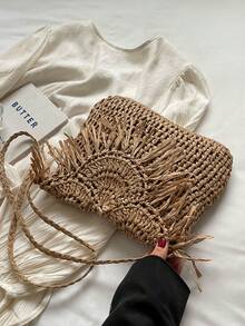 Fashionable Flap Crossbody Bag, Envelope Shoulder Straw Woven Square Bag, Casual Woven Tote Bag, Versatile Bag With Tassel, Hollow Out Beach Bag - Khaki - View 5