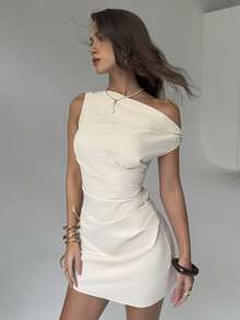 New Apricot-Colored Fitted Mini Dress With Asymmetrical Shoulder And Ruched Waist - Apricot - View 8