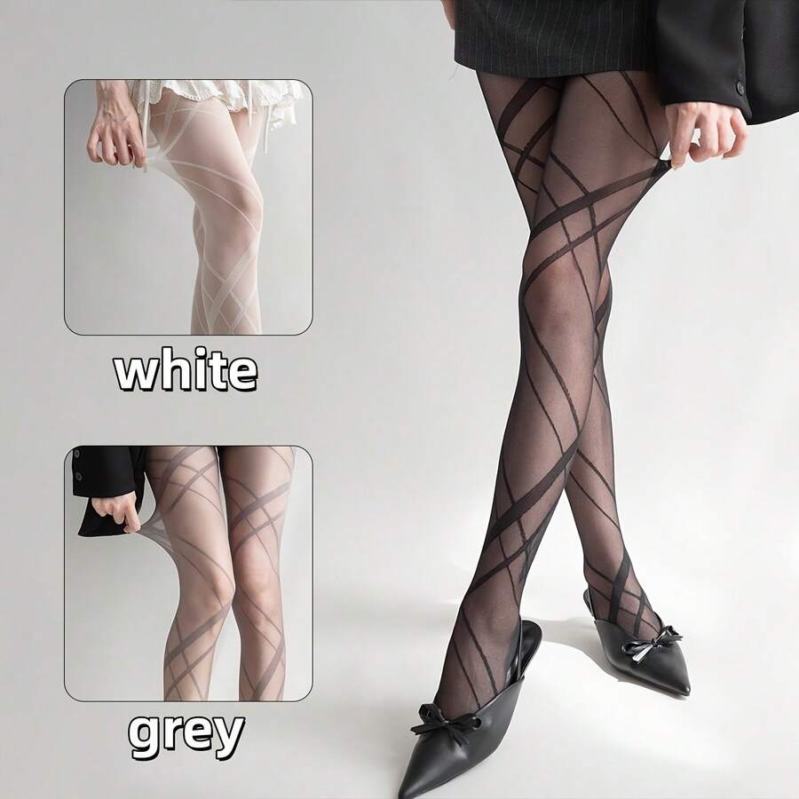 1 Pair Of Women's Sexy Sheer Stockings, Irregular Line Thin Pantyhose, Fashionable And Versatile Transparent Tights, Lightweight And Breathable, Perfect For Parties And Nightclubs - 灰色一雙 - 查看 1