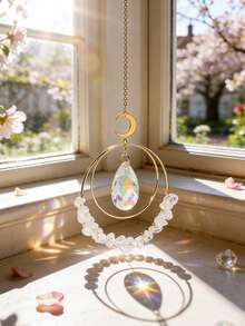 1件波西米亚风日月捕梦网吊坠，人造水晶窗饰，棱镜光效，波西米亚风室内装饰，新月形设计，绿色水晶墙饰，适用于客厅、卧室、窗户、阳台、花园、冥想空间、瑜伽室、公寓、家庭办公室、婚礼派对、乔迁礼物 - 彩色 - 查看 9