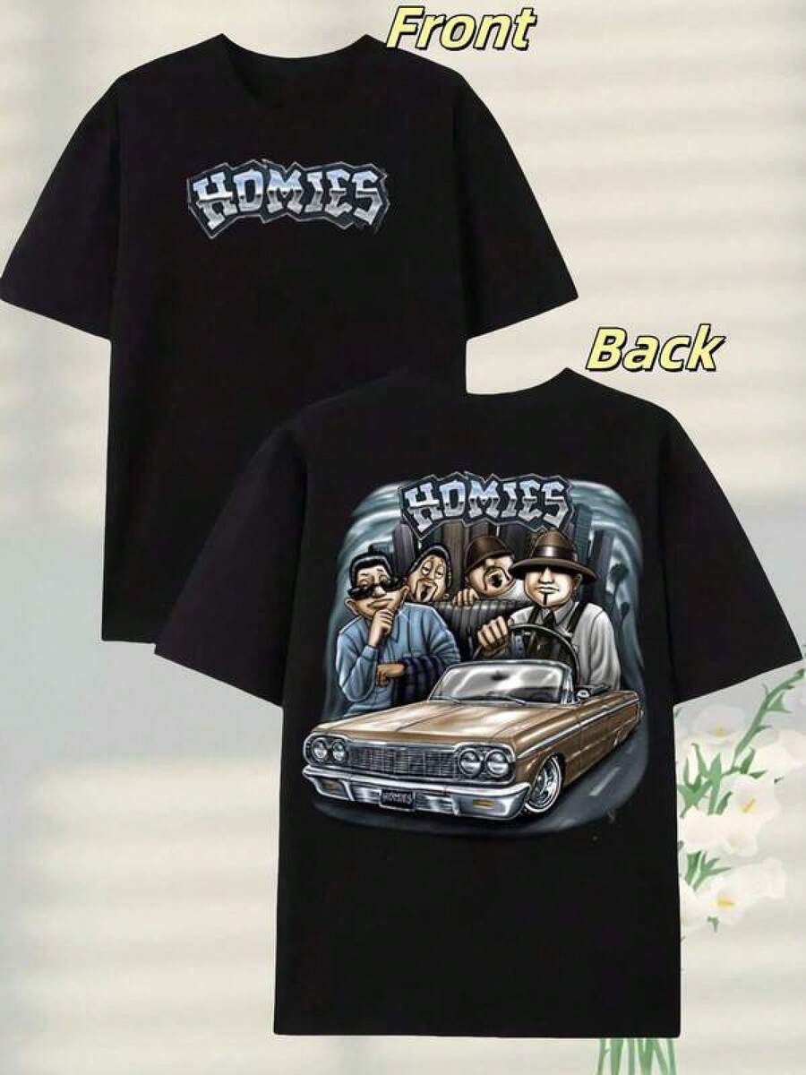 Graphic-Shirt Cotton Tees Size Plus220g Heavyweight Pure Cotton Street - Homie - Car Tee - 'HOMIES' PrintEssential Unisex Jersey Tee - Timeless Slim Fit Streetwear StyleOversized Unisex Pocket Tee - Relaxed Fit Urban Streetwear Essential ,Y2K,Oversized Shirt Men,Summer Tops - Black - View 1