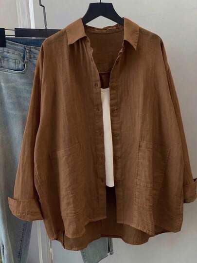 بلوزة كاجوال فضفاضة من البوليستر بأكمام طويلة وجيب، لون أحادي، مقاسات كبيرة، للربيع والصيف