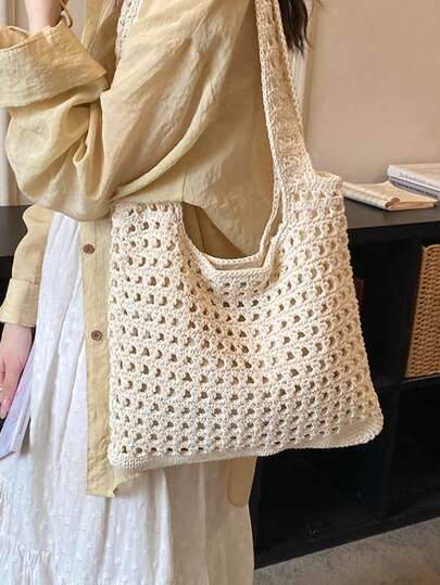 Bolso de hombro tipo tote de mujer tejido, bolso de gran capacidad