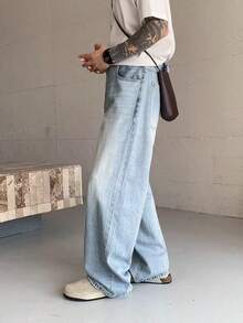 Jeans holgados de corte retro para hombres, multiusos y casuales, aptos para todas las estaciones - Celeste - Ver 4