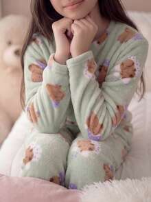 Children's Plush Teddy Pajamas For Winter, Cold Weather, Closed, Capybara Green - 青檸色 - 查看 2