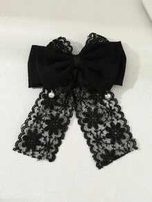 1个女士优雅蕾丝珍珠蝴蝶结发夹，黑色，适合春夏日常休闲佩戴 - 黑色 - 查看 1