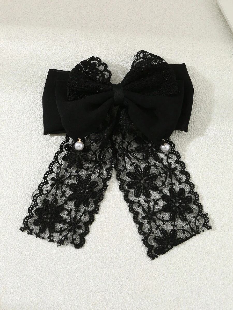 1个女士优雅蕾丝珍珠蝴蝶结发夹，黑色，适合春夏日常休闲佩戴 - 黑色 - 查看 1