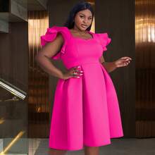 Plus Size Women Sweetheart Neck Short Sleeve Ruffle Hem Birthday Party Dress Summer - 玫紅色 - 查看 4