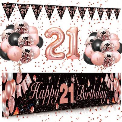Decoraciones para el 21.° cumpleaños para ella, kit de decoración para el 21.° cumpleaños de SWPEED con pancarta de feliz 21.° cumpleaños en oro rosa, globos de confeti en oro rosa negro, pancarta de bandera triangular con globos con el número 21