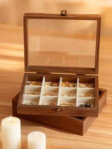 1pc Luxury Walnut Wood Jewelry Box, 3-Layer Wooden Jewelry Storage Box, Drawer Style Jewelry Case, Acrylic Jewelry Organizer, Classic Style - Multicolor - View 8