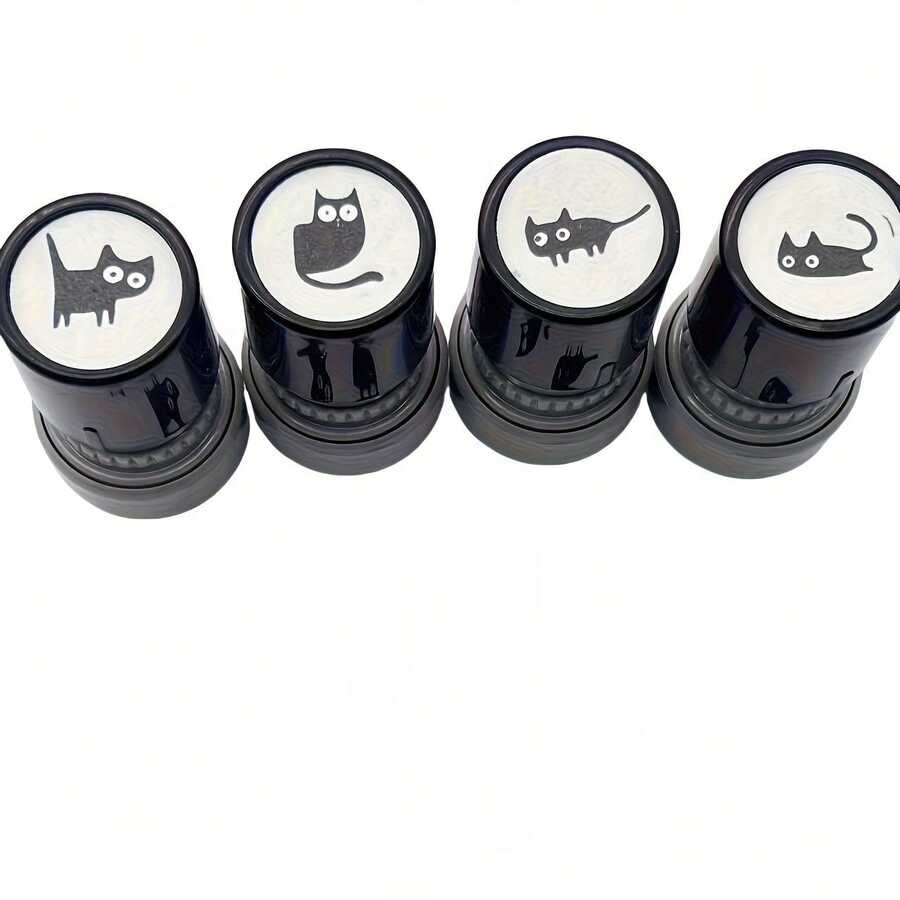 4枚随机猫咪图案印章，卡通猫咪图案印章，随机设计，可爱黑猫印章，热门弯颈黑猫HA23感光印章 - 多款 - 查看 1