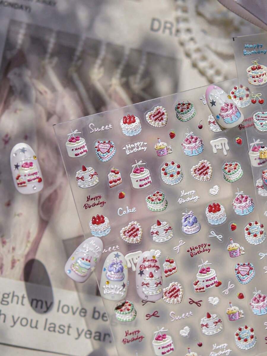 1 Piece Of 5D Relief Nail Sticker, Cute Cartoon Cake, Donut, Adhesive Sticker, DIY Nail Sticker, Sticker - Multicolor - View 1