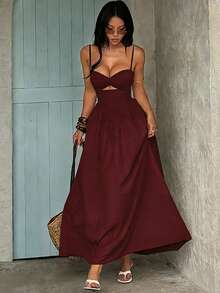 性感、纯净、诱人，辣妹度假镂空收腰吊带蓬蓬裙，春夏度假海滩长裙派对婚礼优雅款 - 酒紅色 - 查看 3