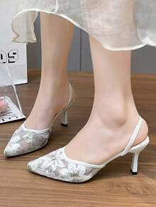 Giày sandal cao gót nữ thời trang ren khoét lỗ mũi kín, kiểu Hàn Quốc mới, mũi nhọn hở gót. - Màu be - Xem 2