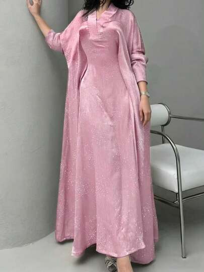 New Middle Eastern Women's Fashion Abaya With Exquisite Rhinestone Decor (Random Rhinestone Patterns)