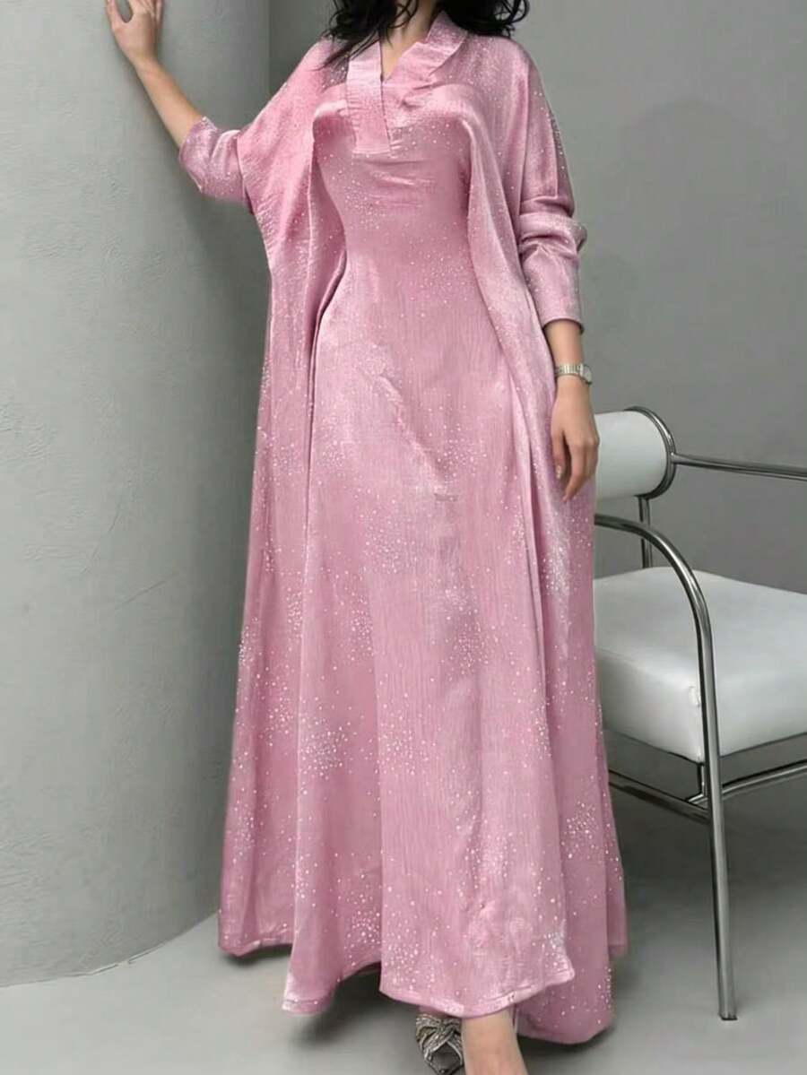 Áo Abaya thời trang nữ Trung Đông mới với họa tiết đính đá tinh tế (mẫu đá ngẫu nhiên) màu hồng mùa xuân