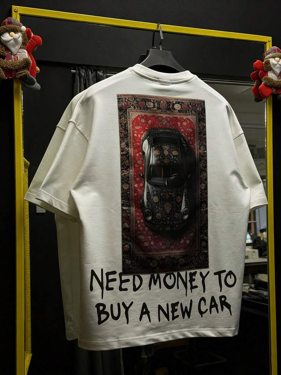 FRACTYR 男士夏季休闲街头趣味标语跑车印花T恤，复古波斯地毯风格宽松短袖上衣，舒适透气，适合夏季穿着 - 白色 - 查看 1