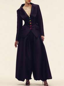 GLOURI Women's Elegant Black Asymmetrical Lapel Two-Piece Outfit Long Sleeve Button Front Woven Fabric Top And Long Pants Set - 黑色 - 查看 6