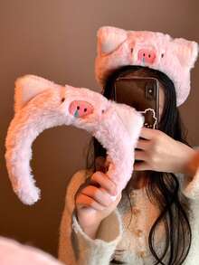1pc Cute Pink Pig Nose Cartoon Plush Pig Headband, Skull Head Makeup Pressure Relief Hair Accessory, Headband, Hair Tie - Pink - View 5