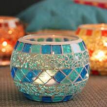 Votive Candle Holder Tea Lights - Glass Candle Holders Mosaic Tealight Candle Holder Candle Jar Cup For Wedding Centerpiece Party Table Decorations Valentines Day Decor - A a Romantic Blue - View 2