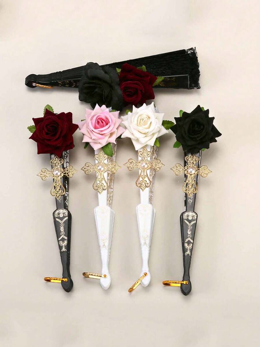 1件復古西班牙摺扇,弗朗明哥玫瑰蕾絲裝飾,優雅手扇,適合女性派對、婚禮、居家、辦公室裝飾,也適用於角色扮演、表演或情人節禮物 - 多色 - 查看 1