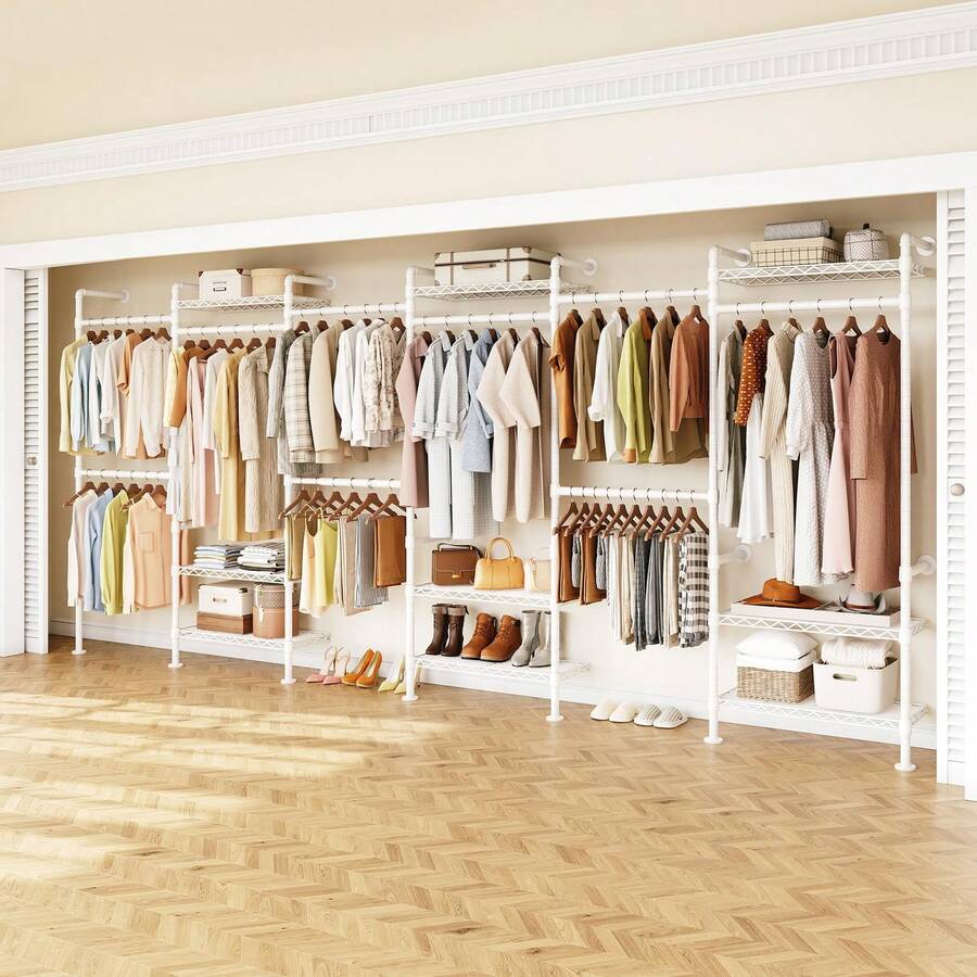 L6 Wall Mounted Closet System, Adjustable Industrial Pipe Clothes Rack Clothing Racks With 6 Telescopic Rods & 3 Fixing Rods & 9 Shelves, Heavy Duty Closet Organizers And Storage For Hanging Clothes White - L6 White - 查看 1