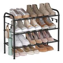 SONGMICS Zapatero Organizador Zapatos de 3 Niveles Estante Metálico con 4 Ganchos para 12 Pares Altura Ajustable Negro Tinta MLMR068B01 - 26,7 pulgadas de ancho x 11 pulgadas de profundidad x 20,8 pulgadas de alto - Ver 1