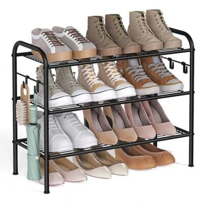 SONGMICS Zapatero Organizador Zapatos de 3 Niveles Estante Metálico con 4 Ganchos para 12 Pares Altura Ajustable Negro Tinta MLMR068B01