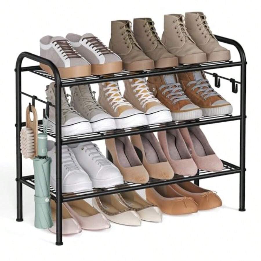 SONGMICS Zapatero Organizador Zapatos de 3 Niveles Estante Metálico con 4 Ganchos para 12 Pares Altura Ajustable Negro Tinta MLMR068B01 - 26,7 pulgadas de ancho x 11 pulgadas de profundidad x 20,8 pulgadas de alto - Ver 1