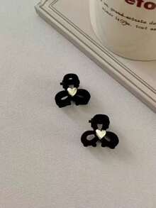 2pcs Flocked Bow Hair Clips, Flocked Material Suitable For Autumn/Winter, Elegant And High-End - Black - View 3