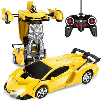 RC 2-en-1 Robot Transformable Voiture, Véhicule de Déformation à Télécommande avec Conversion Automatique à un Bouton, Voiture de Course Électrique Rechargeable, Direction Flexible Haute Vitesse Signal Stable, Effets Lumineux Cool, Carrosserie Anti-Collision Lisse