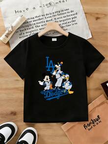 Disney Mickey Mouse Goofy Donald Duck LA Dodgers Graphic T-Shirt For Boys & Girls 2-14 Years, Soft Breathable Fabric, Casual Crewneck Tee, All Season Everyday Wear, Perfect For Baseball Games & Family Outings, Express Delivery - màu đen - Xem 2