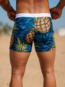 Men's Casual Fashionable Tropical Pineapple Print Drawstring Swim Trunks - Drawstring Beach Shorts, Suitable For Beach, Pool And Holiday Occasions - Multicolor - View 3