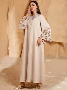 Women's Handmade 3D Floral Elegant Front Drape Pearl Decor Arabic Style Dress - Apricot - View 6