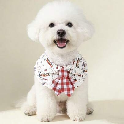 Babero de mascota con estampado de festival de música de dibujos animados, bufanda a cuadros con lazo, adecuado para caniche, teddy y otros perros y gatos pequeños/medianos, accesorios para mascotas lindos y prácticos. Patrón de festival de música de dibujos animados + cuadros con lazo, babero para mascotas duradero y elegante para caniche, teddy y otros perros pequeños