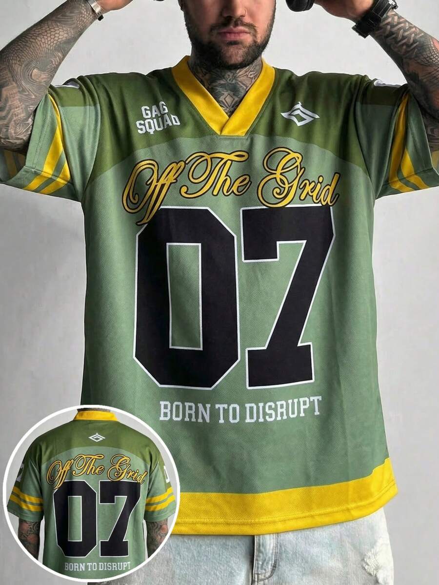 Camiseta de manga corta de ocio FRACTYR para hombre, de verano, casual y urbana, con contraste de verde oliva y amarillo, diseño de doble cara, corte holgado, transpirable y tacto suave