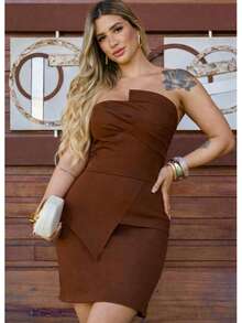 Women's Strapless Dress With Asymmetrical Tailoring Design - Sophisticated Look - 鏽棕色 - 查看 5