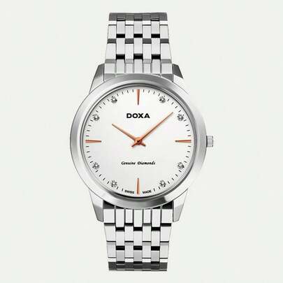 DOXA 瑞士制造男士奢华腕表，银色表盘，不锈钢表带，优雅蓝宝石水晶表镜，商务正装腕表，简约时尚，专业办公佩戴，珠宝配饰，高端品牌礼品，原装表盒