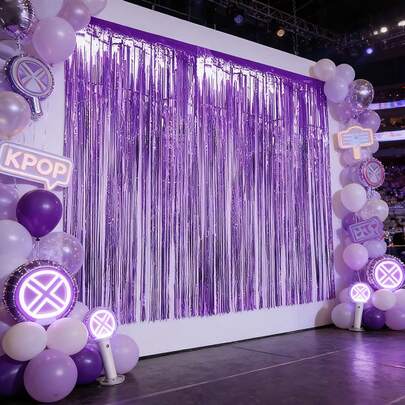 2 dải rèm tua rua màu tím nhạt, trang trí phông nền concert KPOP, trang trí tiệc theo chủ đề, đồ dùng tiệc sinh nhật KPOP, trang trí không gian trong nhà/ngoài trời.